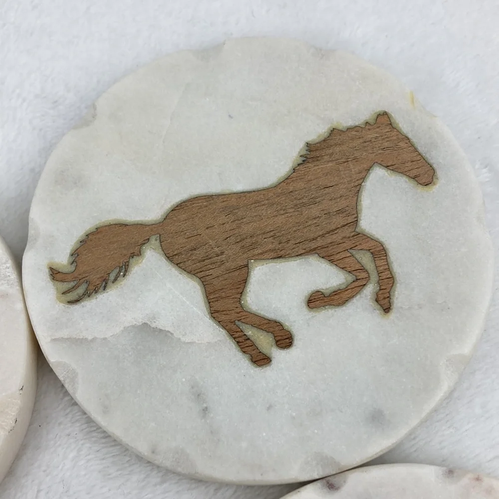 Boot Barn Ranch Wood Horse Inlay Marble Coaster Set of 4